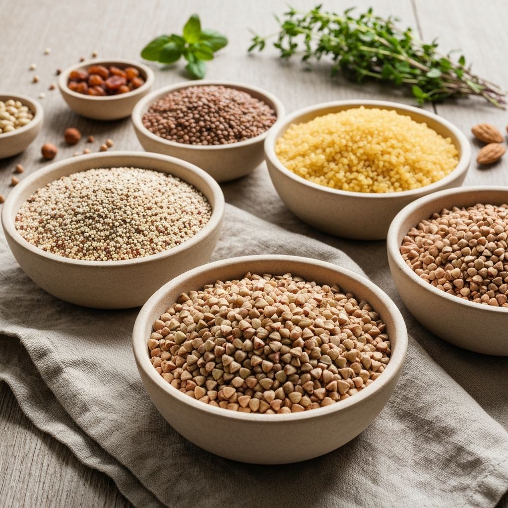 Variety of whole grains in bowls